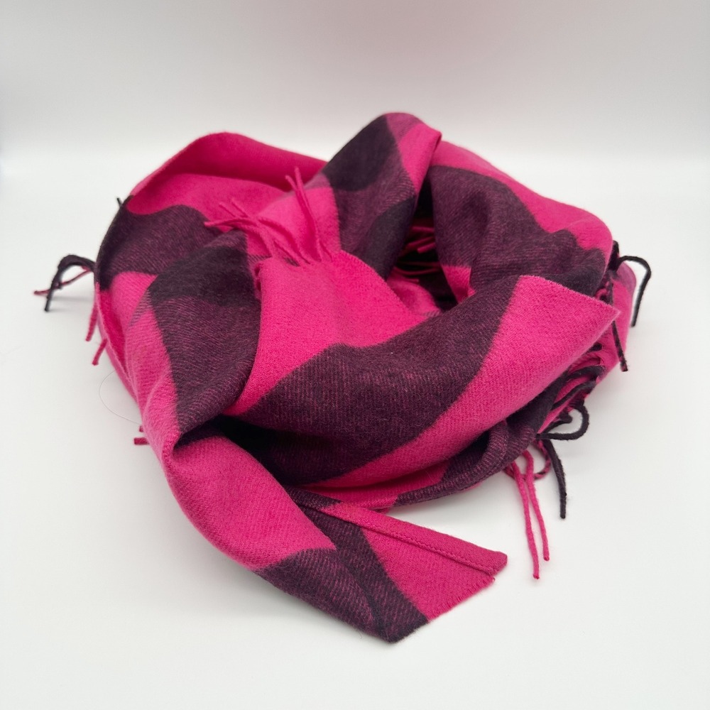 Burberry Fuchsia and Black Tartan Plaid Cashmere Fringe Scarf